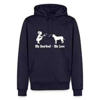 Boerboel mit Frau - Männer Premium Bio Hoodie - Navy - Vorne - Nico (187cm)