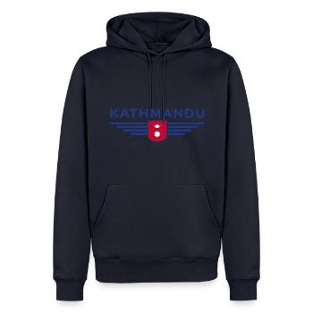 Kathmandu Design – Nepals Herz - Männer Premium Bio Hoodie - Navy - Vorne - Nico (187cm)