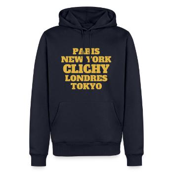 Clichy - Unique streets, unique style. - Sweat à capuche Premium bio Homme - bleu marine - Devant - Nico (187cm)