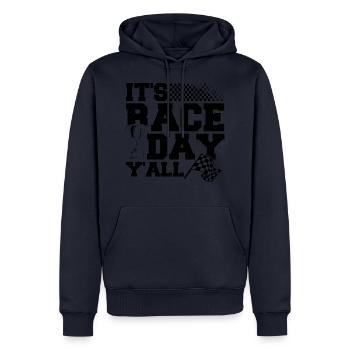 La course de La Race Y’All - Sweat à capuche Premium bio Homme - bleu marine - Devant - Nico (187cm)
