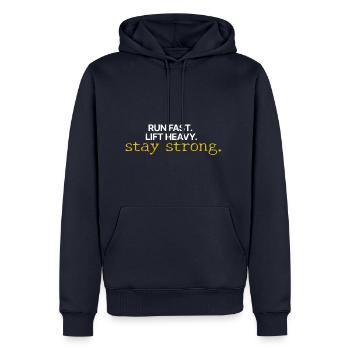 Motivation | Restez fort | Être fort - Sweat à capuche Premium bio Homme - bleu marine - Devant - Nico (187cm)