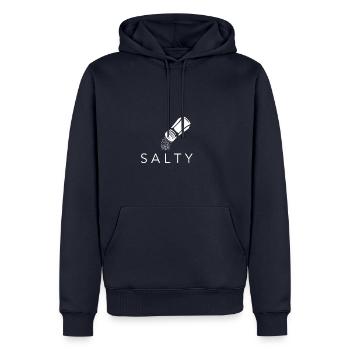 motif SALTY BLANC - Sweat à capuche Premium bio Homme - bleu marine - Devant - Nico (187cm)