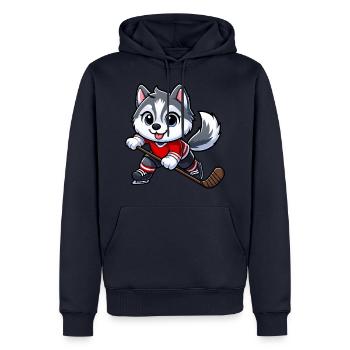 Niedlicher Hund Husky Eishockeyspieler Cartoon - Männer Premium Bio Hoodie - Navy - Vorne - Nico (187cm)