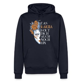 Das Karma holt dich auch noch ein - Männer Premium Bio Hoodie - Navy - Vorne - Nico (187cm)