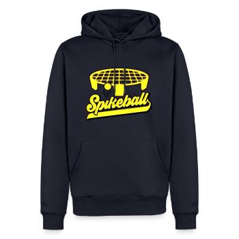 Farben änderbar | Roundnet Spikeball Fun - Männer Premium Bio Hoodie - Navy - Vorne - Nico (187cm)