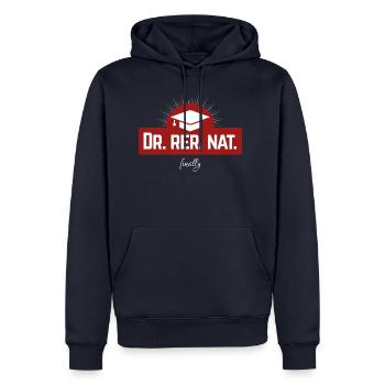 Dr rer. nat. finally - enfin docteur - Sweat à capuche Premium bio Homme - bleu marine - Devant - Nico (187cm)