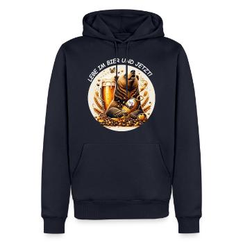 Lebe im Bier und jetzt - Männer Premium Bio Hoodie - Navy - Vorne - Nico (187cm)