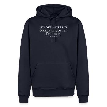, Seigneur, Liberté, Verse biblique, Dieu, religion - Sweat à capuche Premium bio Homme - bleu marine - Devant - Nico (187cm)