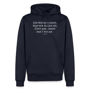 Mensch, Augen, Gott, Herz, Bibel, Jesus, Religion - Männer Premium Bio Hoodie - Navy - Vorne - Nico (187cm)