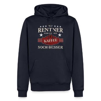 Glücklicher Rentner mit Kaffee - Männer Premium Bio Hoodie - Navy - Vorne - Nico (187cm)