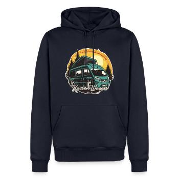 Kastenwagen Badge - Wir sind dann mal weg - Männer Premium Bio Hoodie - Navy - Vorne - Nico (187cm)