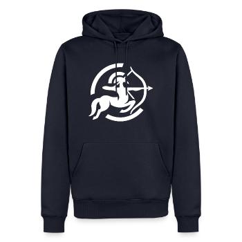 Zodiaque Sagittaire Arc Icône Minimaliste Blanc - Sweat à capuche Premium bio Homme - bleu marine - Devant - Nico (187cm)
