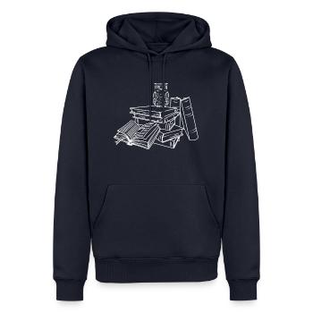 Bücherstapel mit Eule - Männer Premium Bio Hoodie - Navy - Vorne - Nico (187cm)