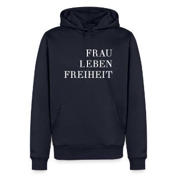 Frau Leben Freiheit Iran - Männer Premium Bio Hoodie - Navy - Vorne - Nico (187cm)