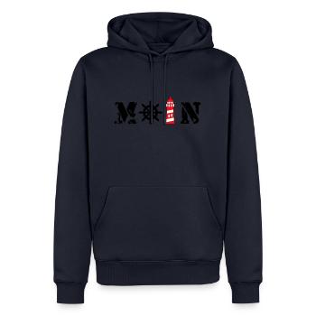 Moin mit Leuchtturm und Steuerrad - Männer Premium Bio Hoodie - Navy - Vorne - Nico (187cm)