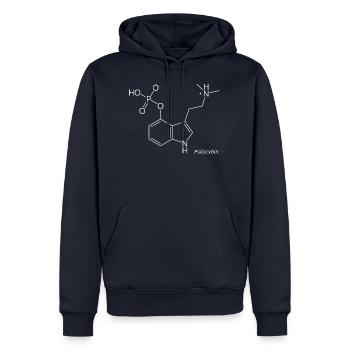 Molécule de psilocybine - blanche avec nom - Sweat à capuche Premium bio Homme - bleu marine - Devant - Nico (187cm)