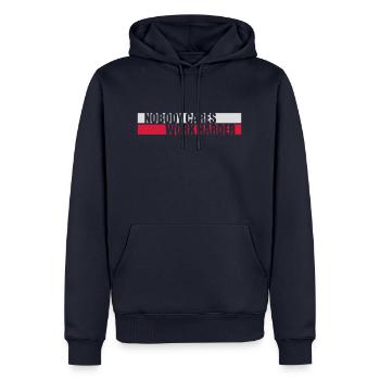 Personne ne s’en soucie de travailler plus dur - Sweat à capuche Premium bio Homme - bleu marine - Devant - Nico (187cm)