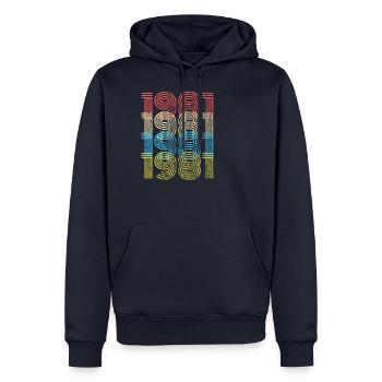 Année de naissance 1981 - Anniversaire au look vintage rétro - Sweat à capuche Premium bio Homme - bleu marine - Devant - Nico (187cm)