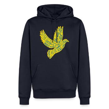 Friedenstaube mit dem Wort Frieden in EU Sprachen - Männer Premium Bio Hoodie - Navy - Vorne - Nico (187cm)