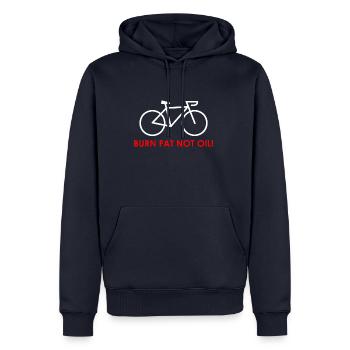 BURN FAT NOT OIL! - Men’s Premium Organic Hoodie - navy - Front - Nico (187cm)