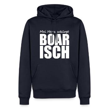 Bayerisch - Dialekt - Spruch - Männer Premium Bio Hoodie - Navy - Vorne - Nico (187cm)
