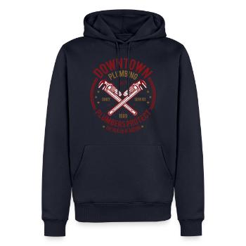 Centre-ville Plumbing - Sweat à capuche Premium bio Homme - bleu marine - Devant - Nico (187cm)