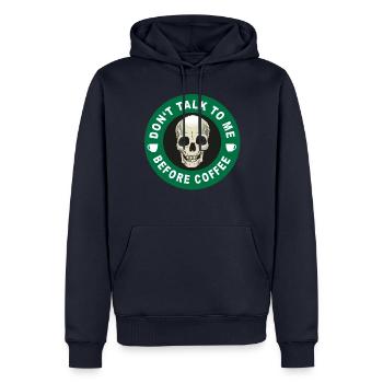Don't talk to me before coffee! - Männer Premium Bio Hoodie - Navy - Vorne - Nico (187cm)