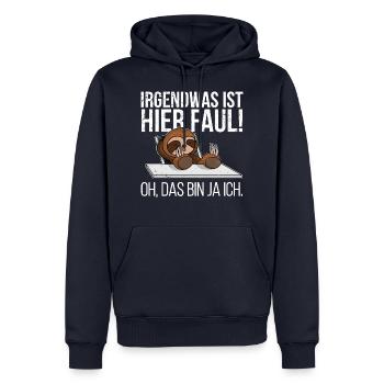 Irgendwas ist hier faul oh das bin ja ich - Männer Premium Bio Hoodie - Navy - Vorne - Nico (187cm)