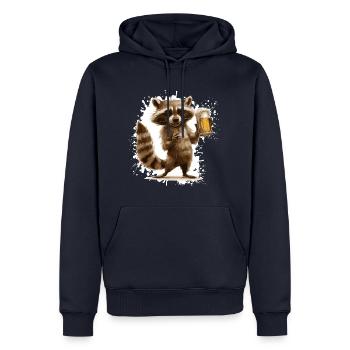 Raccoon Bière Drôle - Sweat à capuche Premium bio Homme - bleu marine - Devant - Nico (187cm)