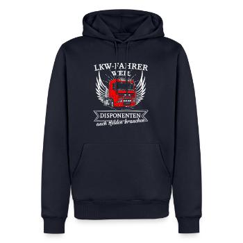 Lastwagen Shirt · LKW-Fahrer · Disponenten Helden - Männer Premium Bio Hoodie - Navy - Vorne - Nico (187cm)