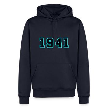 1941 Année Anniversaire - Sweat à capuche Premium bio Homme - bleu marine - Devant - Nico (187cm)