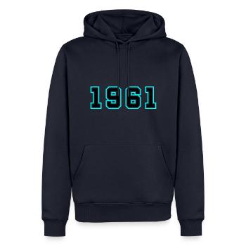 1961 Année Anniversaire - Sweat à capuche Premium bio Homme - bleu marine - Devant - Nico (187cm)
