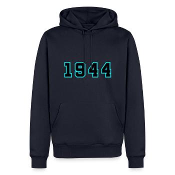1944 Année Anniversaire - Sweat à capuche Premium bio Homme - bleu marine - Devant - Nico (187cm)