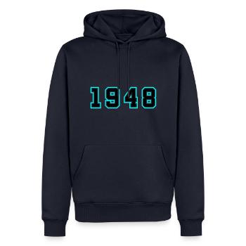 1948 Année Anniversaire - Sweat à capuche Premium bio Homme - bleu marine - Devant - Nico (187cm)