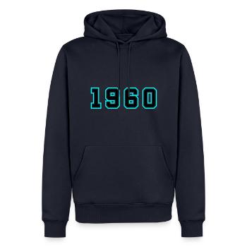 1960 Année Anniversaire - Sweat à capuche Premium bio Homme - bleu marine - Devant - Nico (187cm)