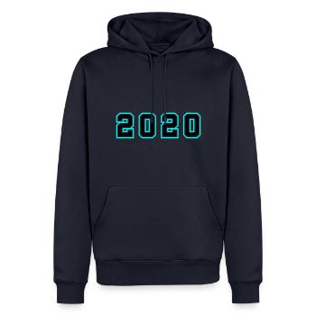 Année 2020 Anniversaire - Sweat à capuche Premium bio Homme - bleu marine - Devant - Nico (187cm)