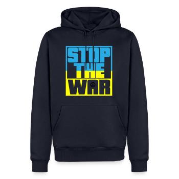 Les couleurs peuvent être modifiées | Arrêtez la guerre | Pas de guerre - Sweat à capuche Premium bio Homme - bleu marine - Devant - Nico (187cm)