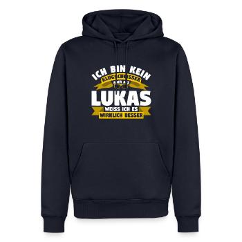 Klugscheisser Lukas weiß es besser - Männer Premium Bio Hoodie - Navy - Vorne - Nico (187cm)