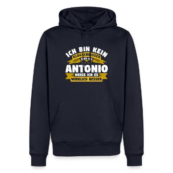 Klugscheisser Antonio weiß es besser - Männer Premium Bio Hoodie - Navy - Vorne - Nico (187cm)