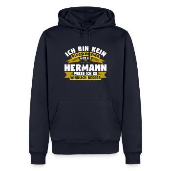 Klugscheisser Hermann weiß es besser - Männer Premium Bio Hoodie - Navy - Vorne - Nico (187cm)