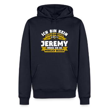 Klugscheisser Jeremy weiß es besser - Männer Premium Bio Hoodie - Navy - Vorne - Nico (187cm)