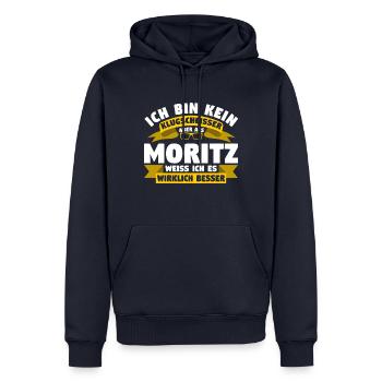 Klugscheisser Moritz weiß es besser - Männer Premium Bio Hoodie - Navy - Vorne - Nico (187cm)