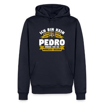 Klugscheisser Pedro weiß es besser - Männer Premium Bio Hoodie - Navy - Vorne - Nico (187cm)