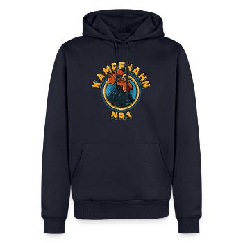Feuriger Kampfhan - Herr über die Hitze - Männer Premium Bio Hoodie - Navy - Vorne - Nico (187cm)