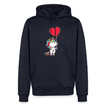 UNICORN AVEC BALLON / Unicorn / CADEAUX - Sweat à capuche Premium bio Homme - bleu marine - Devant - Nico (187cm)