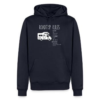 Road Trip Rules - Regeln für den Urlaub - Männer Premium Bio Hoodie - Navy - Vorne - Nico (187cm)