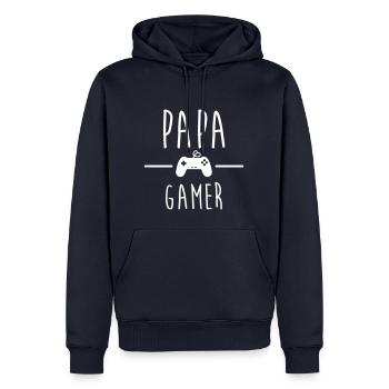 papa gamer, cadeau gaming, geek, nerd, humour - Sweat à capuche Premium bio Homme - bleu marine - Devant - Nico (187cm)