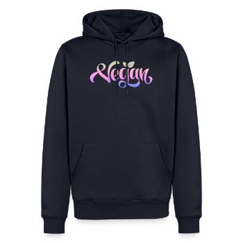 Écriture vegan colorée proverbes déclaration - Sweat à capuche Premium bio Homme - bleu marine - Devant - Nico (187cm)