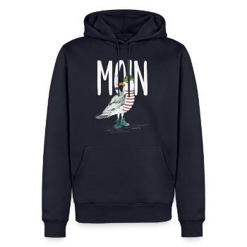 PLATTDEUTSCHER SPRUCH MIT MÖWE - Männer Premium Bio Hoodie - Navy - Vorne - Nico (187cm)