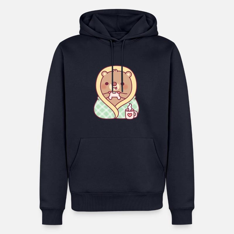 Ours mignon enveloppé dans une couverture douillette pendant le jeu - Sweat à capuche Premium bio Homme - bleu marine